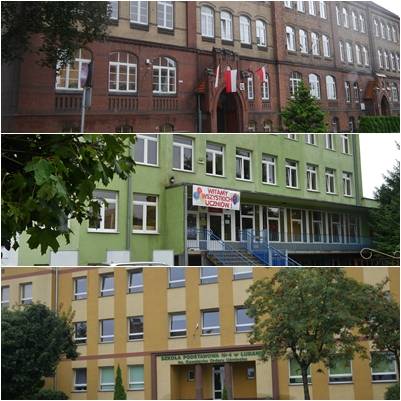 składanka z trzech zdjęć lubańskich podstawówek: ceglany budynek szkoły podstawowej nr 1, zielony budynek szkoły podstawowej nr 2 i żółty budynek szkoły podstawowej nr 4